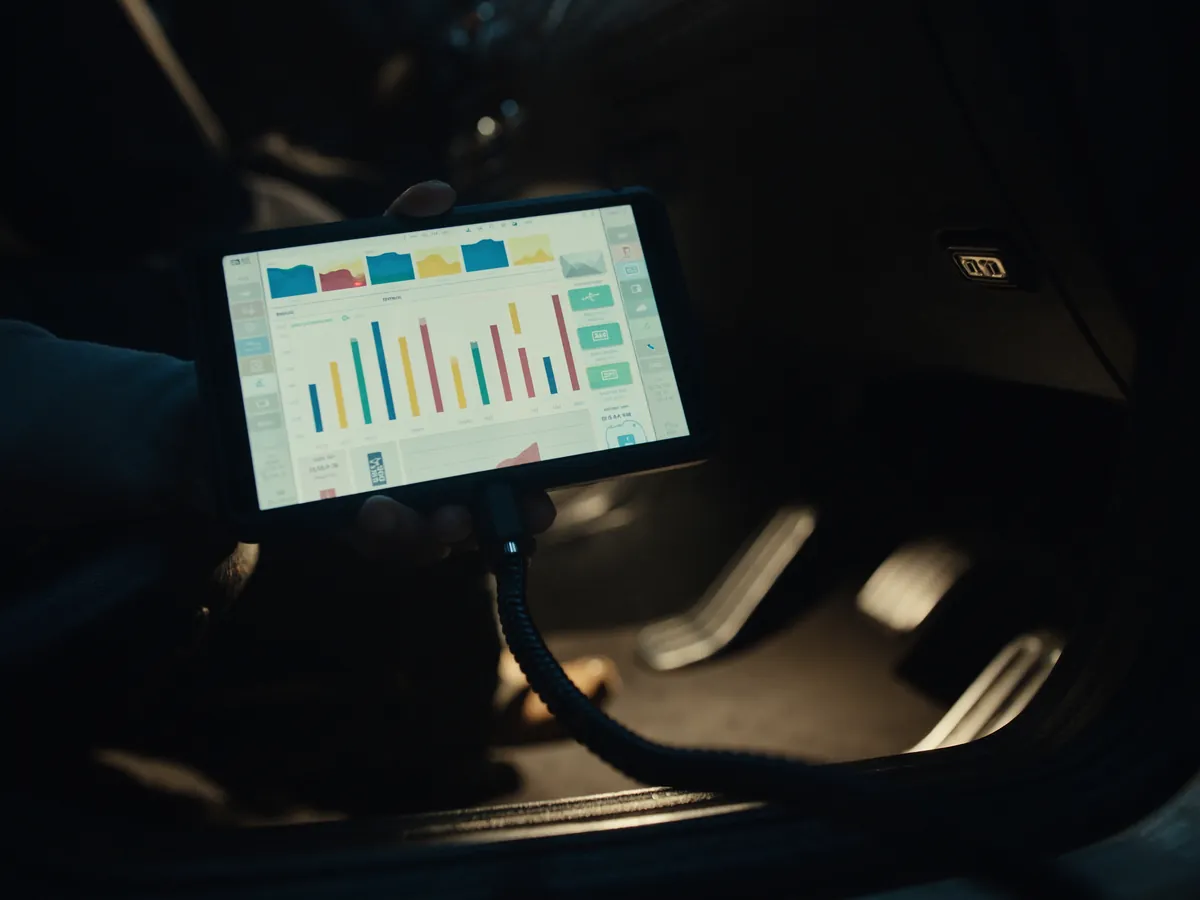 A diagnostic tablet plugged into a car dashboard with a coiled cable running to the OBD port